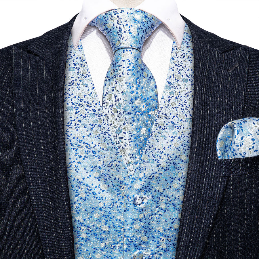Baby Blue Floral Jacquard Silk Vest Set vest set - Sophisticated Gentlemen