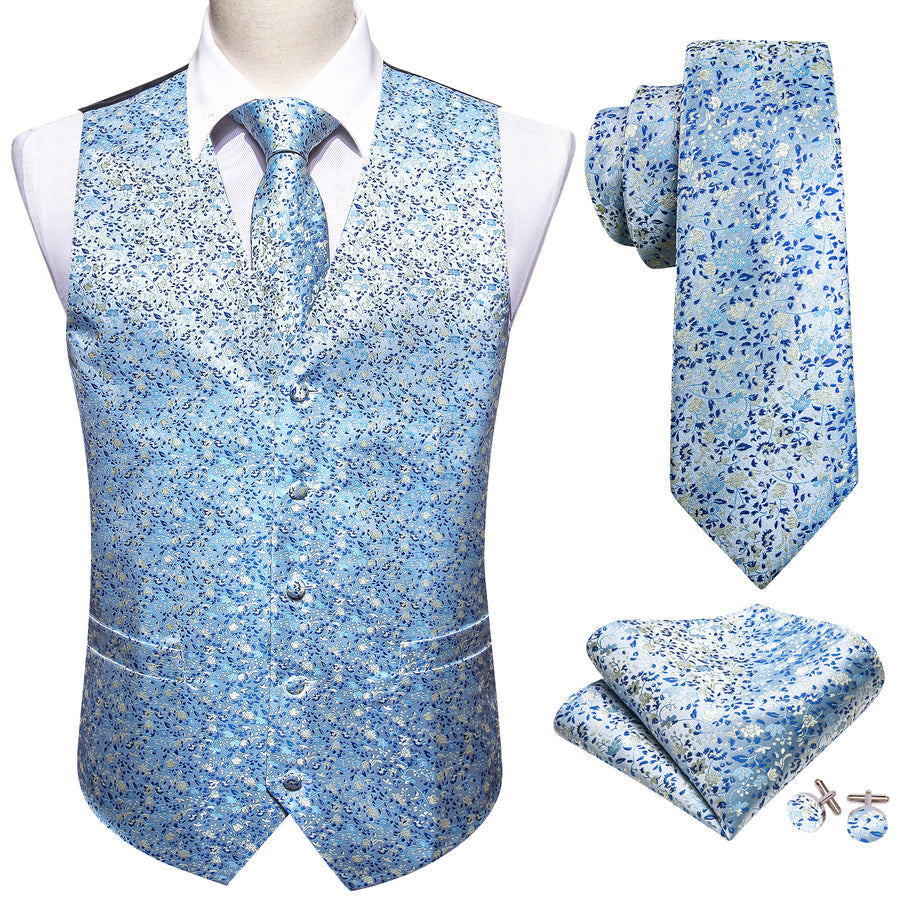 Baby Blue Floral Jacquard Silk Vest Set vest set - Sophisticated Gentlemen