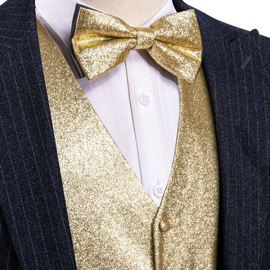 Shining Champagne Glitter Solid Jacquard Silk Men's Bowtie Vest Set vest set S (Chest 40")   - Sophisticated Gentlemen