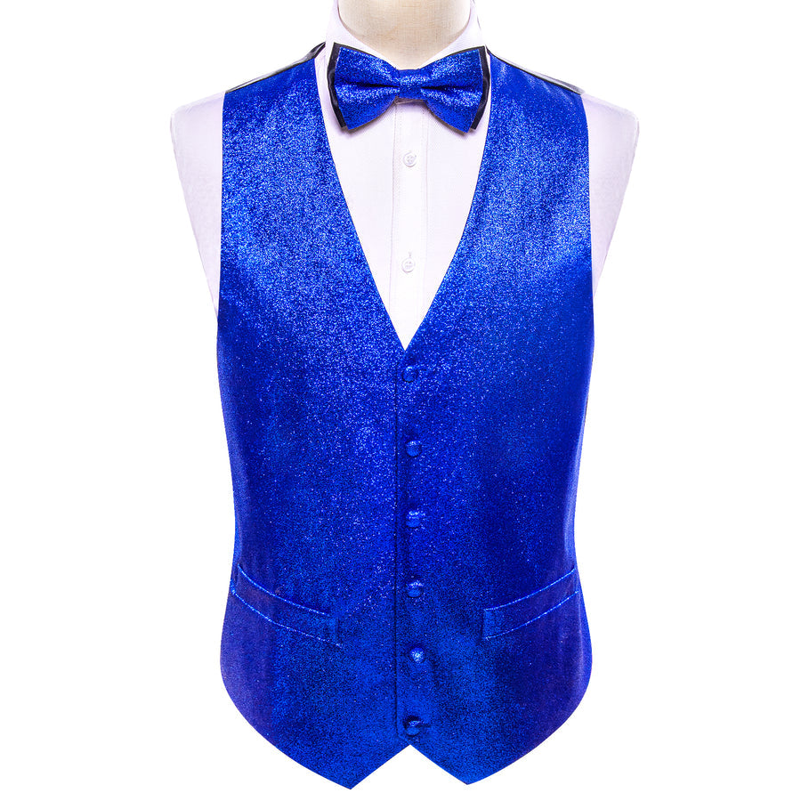 Shining Blue Glitter Solid Jacquard Silk Men's Bowtie Vest Set vest set - Sophisticated Gentlemen