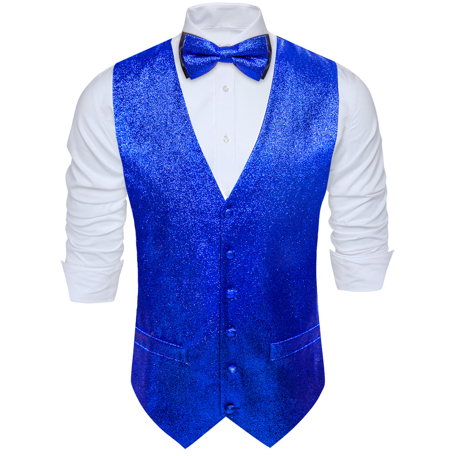 Shining Blue Glitter Solid Jacquard Silk Men's Bowtie Vest Set vest set - Sophisticated Gentlemen
