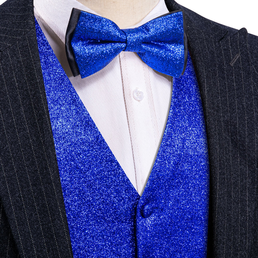 Shining Blue Glitter Solid Jacquard Silk Men's Bowtie Vest Set vest set S (Chest 40") - Sophisticated Gentlemen