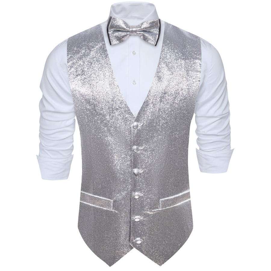 Shining Light Gray Glitter Solid Jacquard Silk Men's Bowtie Vest Set vest set - Sophisticated Gentlemen