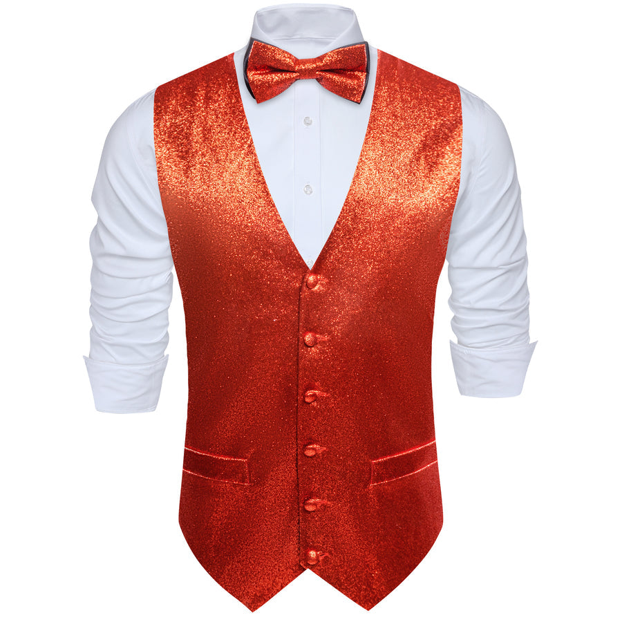 Shining Red Glitter Solid Jacquard Silk Bowtie Vest Set vest set - Sophisticated Gentlemen