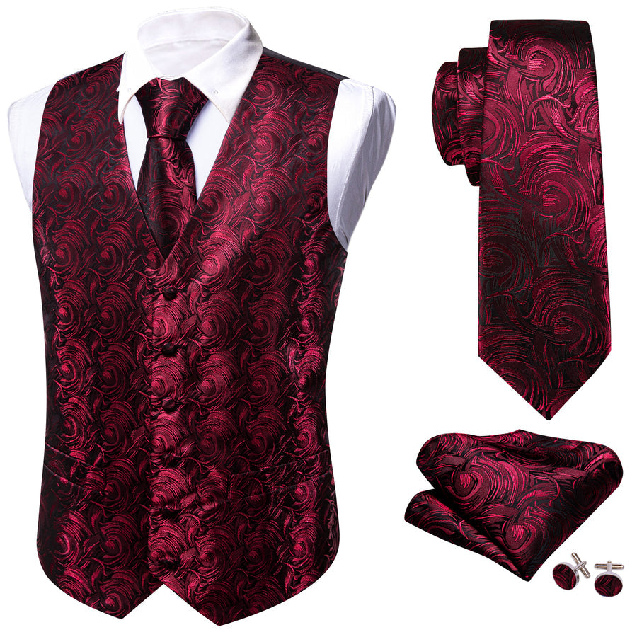 Black and Red Floral Silk Vest Set vest set - Sophisticated Gentlemen