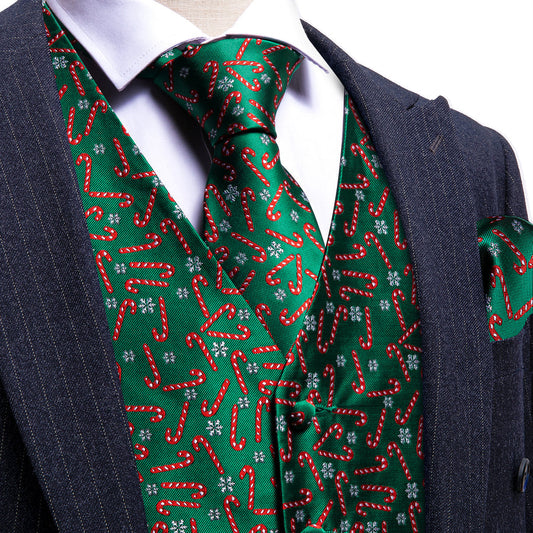 Christmas Green Red White Snowflake Crutches Silk Men's Vest Set vest set S (Chest 40")   - Sophisticated Gentlemen