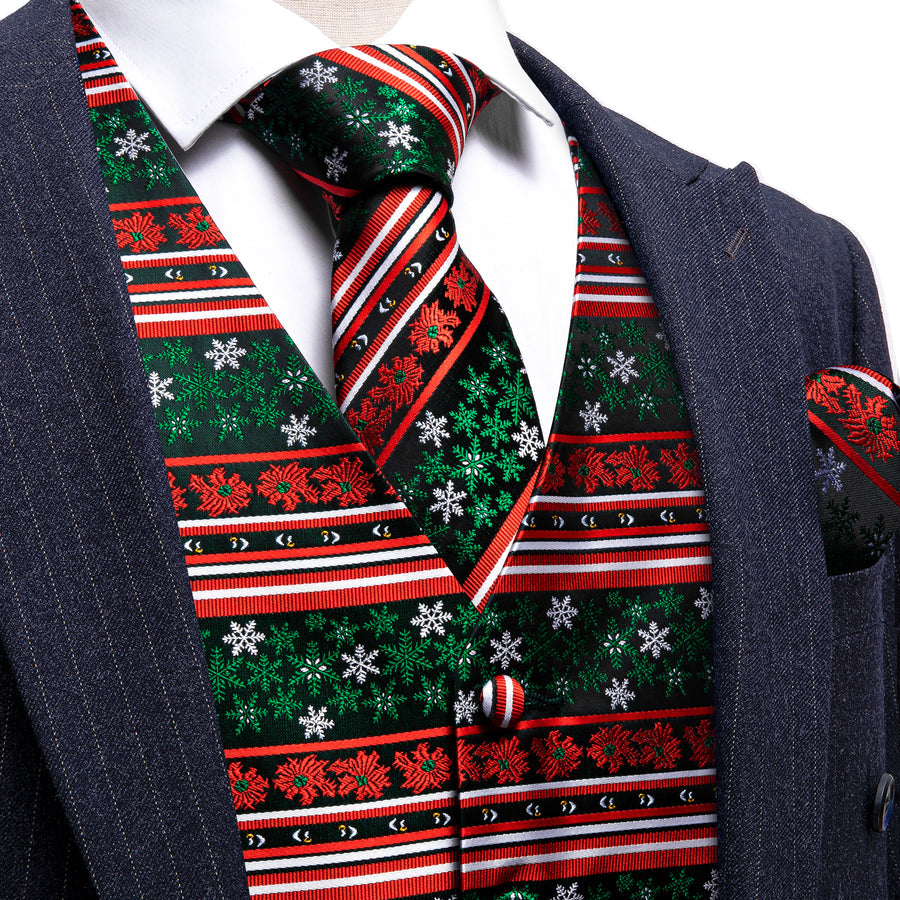Christmas Red Green White Snowflake Silk Vest Set vest set S (Chest 40") - Sophisticated Gentlemen