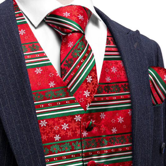 Christmas Bright Red Green White Snowflake Silk Men's Vest Set vest set S (Chest 40")   - Sophisticated Gentlemen