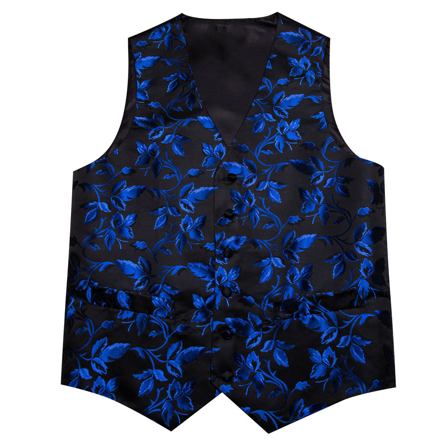 Blue Black Floral Leaf Silk Vest Set vest set - Sophisticated Gentlemen