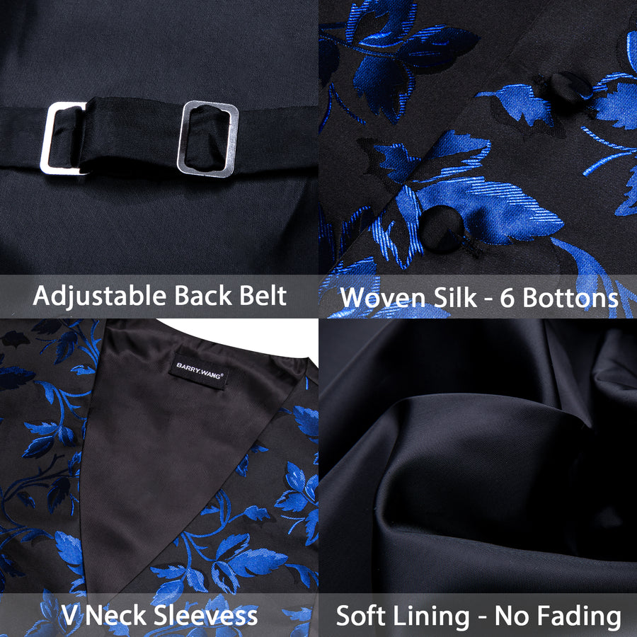 Blue Black Floral Leaf Silk Vest Set vest set - Sophisticated Gentlemen