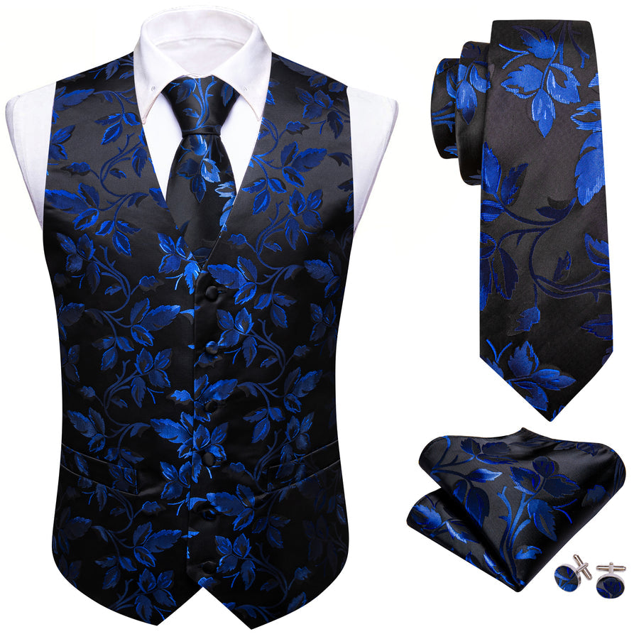 Blue Black Floral Leaf Silk Vest Set vest set - Sophisticated Gentlemen