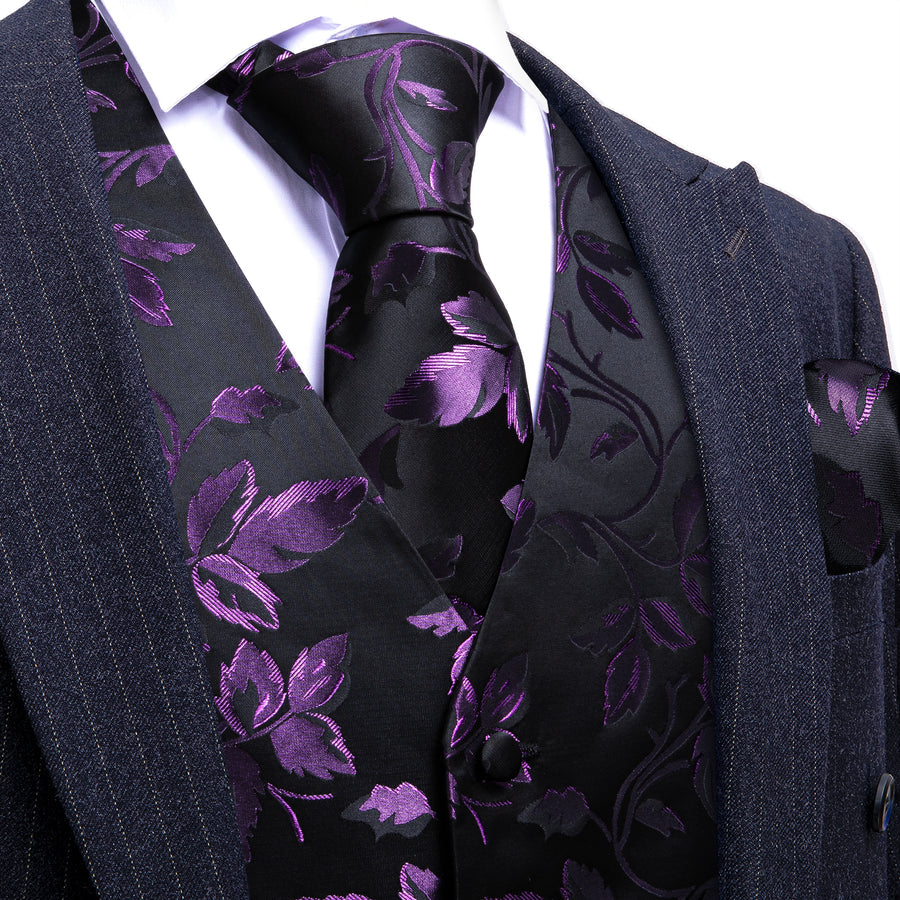 Purple and Black Floral Leaf Silk Vest Set vest set S (Chest 40") - Sophisticated Gentlemen