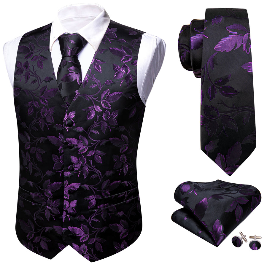 Purple and Black Floral Leaf Silk Vest Set vest set - Sophisticated Gentlemen