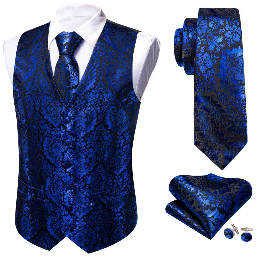 Klein Blue Floral Silk Men's Vest Set vest set - Sophisticated Gentlemen