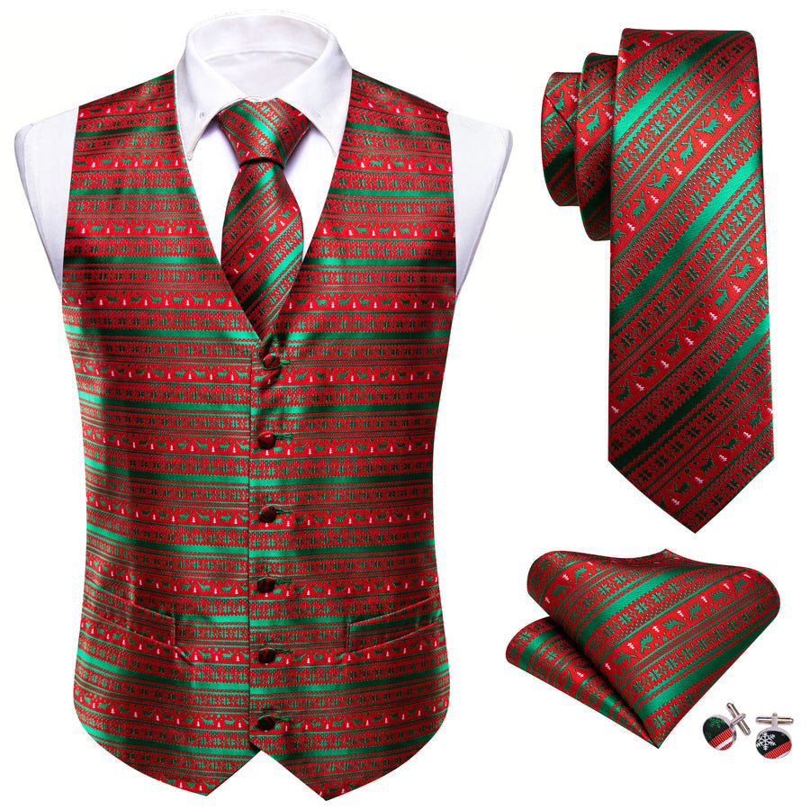 Christmas Green Red Snowflake Deers Silk Men's Vest Set vest set - Sophisticated Gentlemen