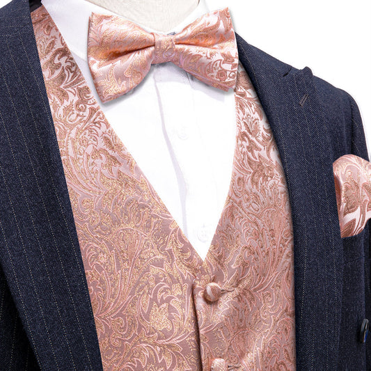 Pink Gold Floral Leaf Silk Men's Bowtie Vest Set vest set S (Chest 40")   - Sophisticated Gentlemen