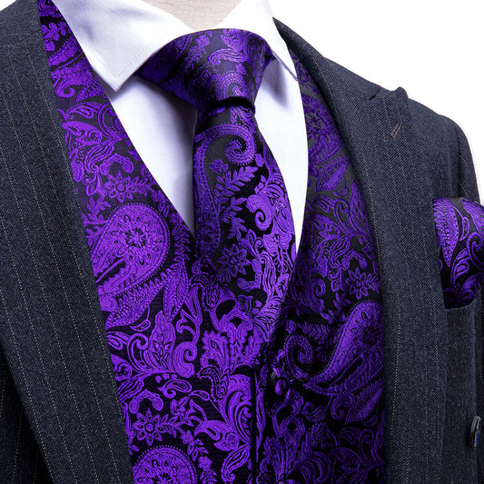 Dark Purple Black Paisley Silk Men's Vest Set vest set S (Chest 40")   - Sophisticated Gentlemen