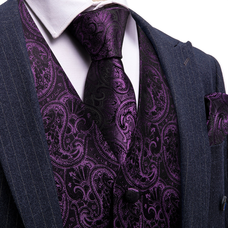 Black Purple Paisley Silk Men's Vest Set vest set S (Chest 40") - Sophisticated Gentlemen