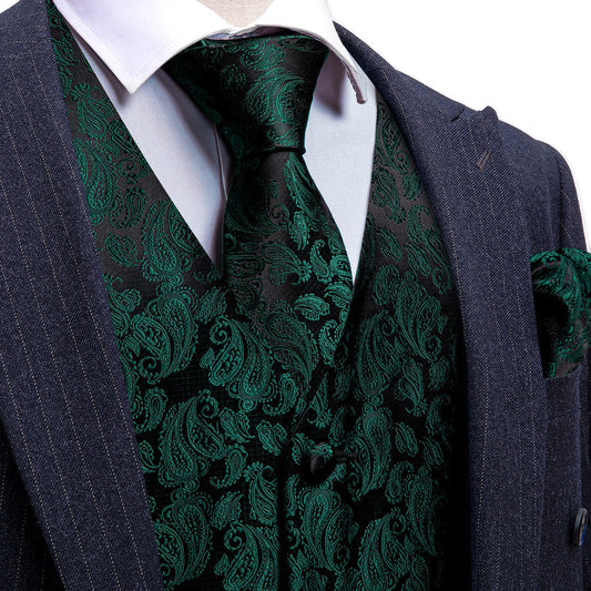 Dark Green Black Paisley Silk Men's Vest Set vest set S (Chest 40")   - Sophisticated Gentlemen