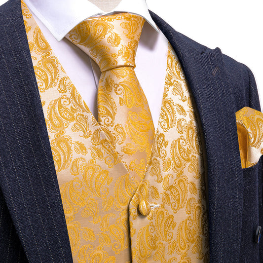 Honey Orange Paisley Silk Men's Vest Set vest set S (Chest 40")   - Sophisticated Gentlemen