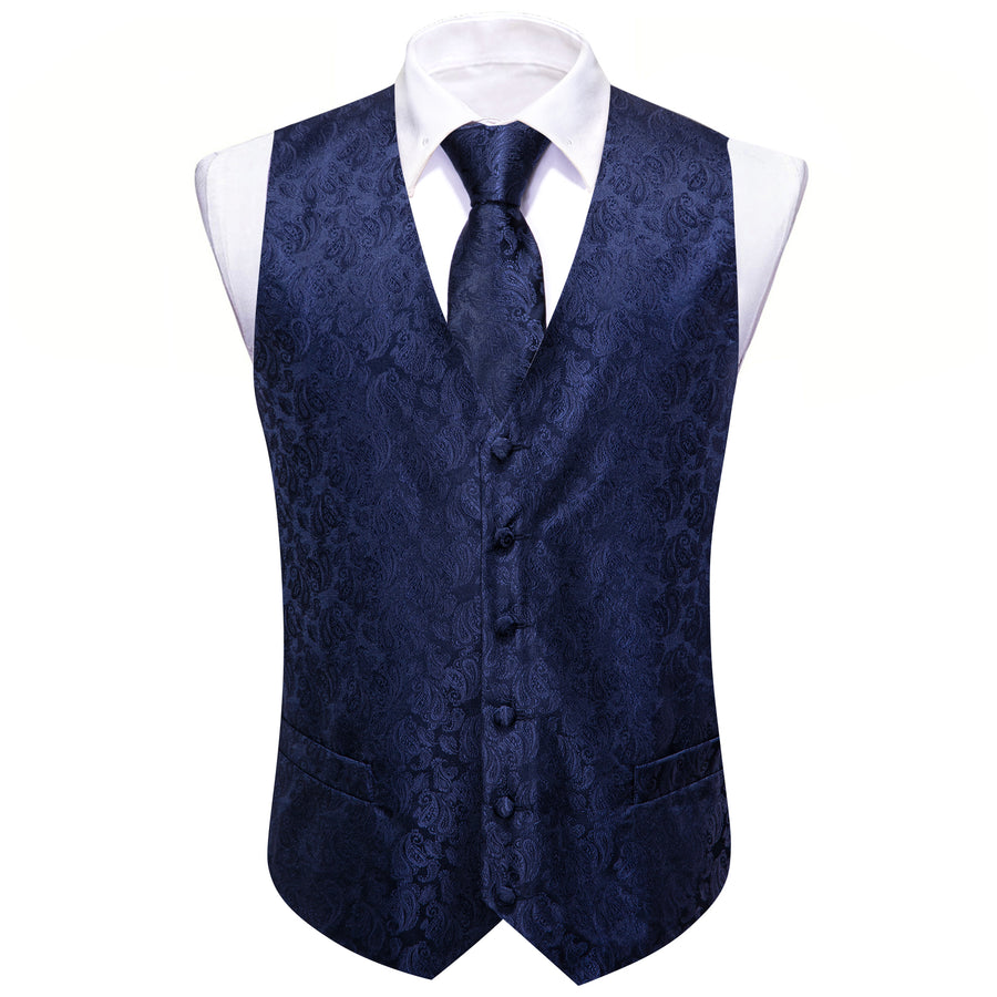 Navy Blue Paisley Silk Vest Set vest set - Sophisticated Gentlemen