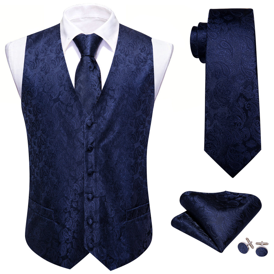 Navy Blue Paisley Silk Vest Set vest set - Sophisticated Gentlemen
