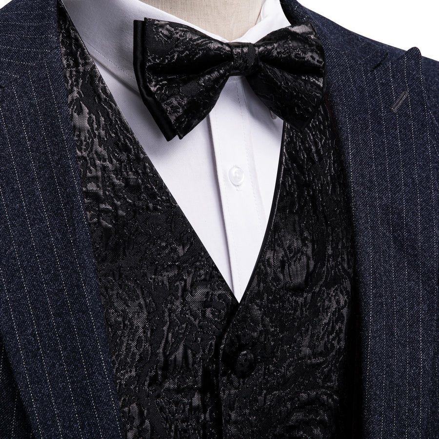 Black Novelty Jacquard Silk Men's Bowtie Vest Set vest set S (Chest 40") - Sophisticated Gentlemen