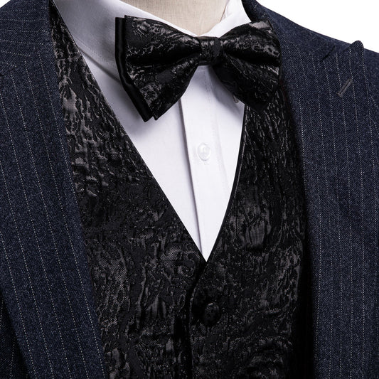 Black Novelty Jacquard Silk Men's Bowtie Vest Set vest set S (Chest 40")   - Sophisticated Gentlemen