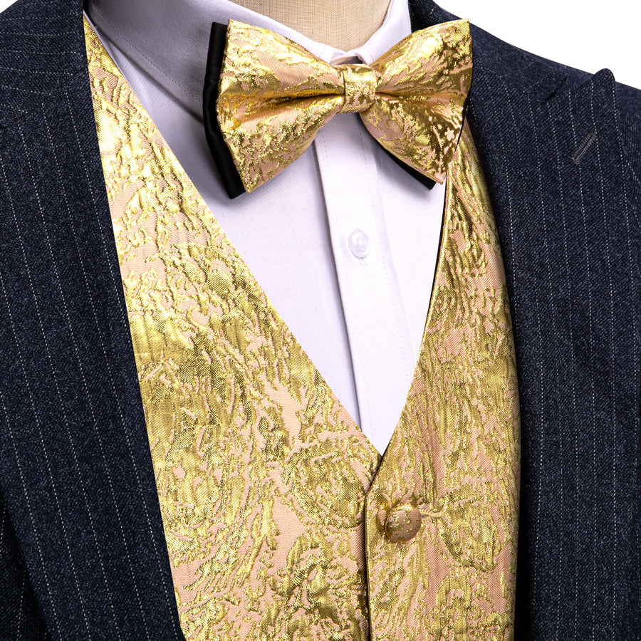 Golden Yellow Novelty Jacquard Silk Men's Vest Set vest set S (Chest 40") - Sophisticated Gentlemen