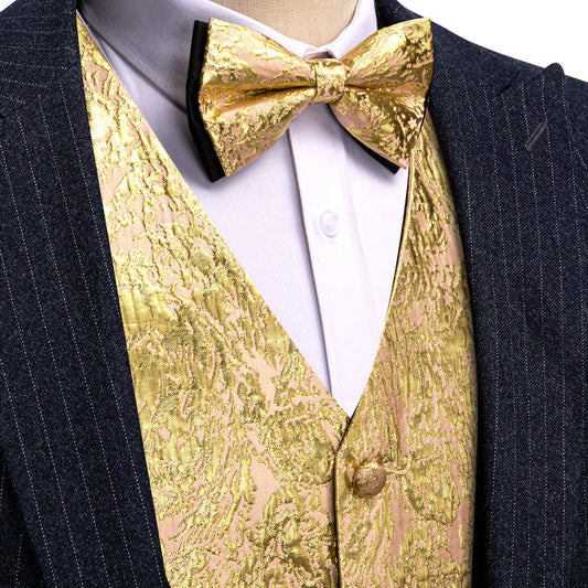 Golden Yellow Novelty Jacquard Silk Men's Vest Set vest set S (Chest 40")   - Sophisticated Gentlemen