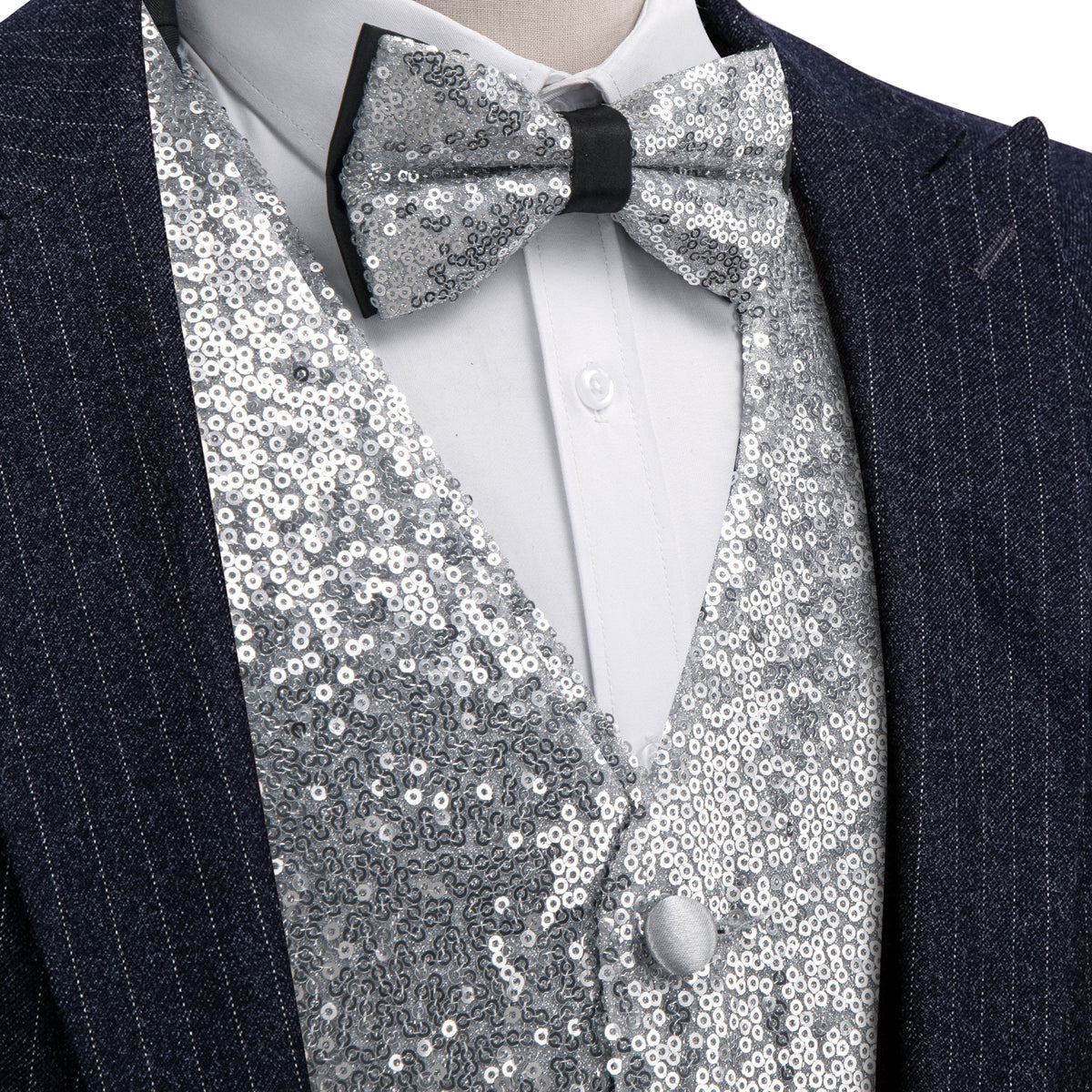 Silver Sequins Silk Vest Set vest set S (Chest 41) - Sophisticated Gentlemen