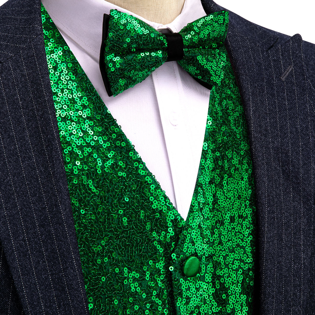Green Sequins Silk Vest Set vest set S (Chest 41) - Sophisticated Gentlemen