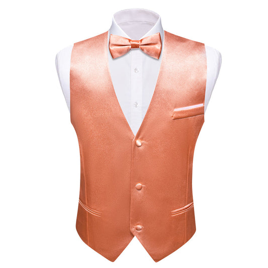 Dark Salmon Solid Jacquard Silk Men's Bowtie Vest Set vest set S (Chest 40")   - Sophisticated Gentlemen