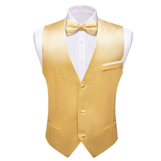 Gold Solid Jacquard Silk Bowtie Vest Set vest set S (Chest 40")   - Sophisticated Gentlemen