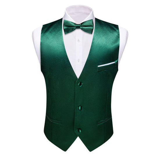 Dark Green Solid Jacquard Silk Men's Bowtie Vest Set vest set S (Chest 40")   - Sophisticated Gentlemen