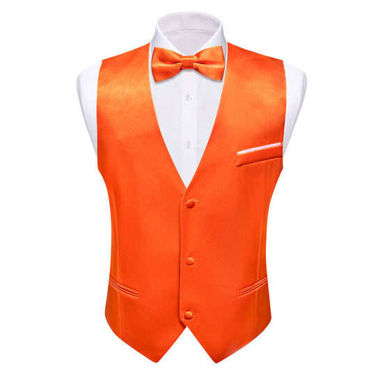 OrangeRed Solid Jacquard Silk Men's Bowtie Vest Set vest set S (Chest 40")   - Sophisticated Gentlemen