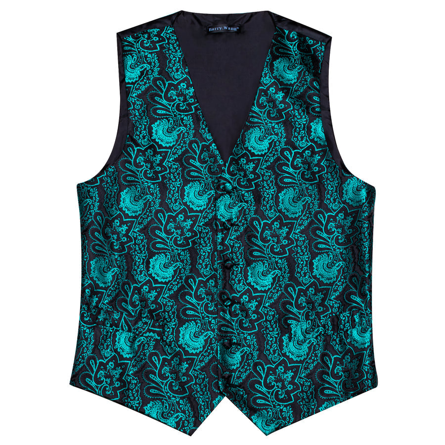 Black Teal Paisley Silk Vest Set vest set - Sophisticated Gentlemen