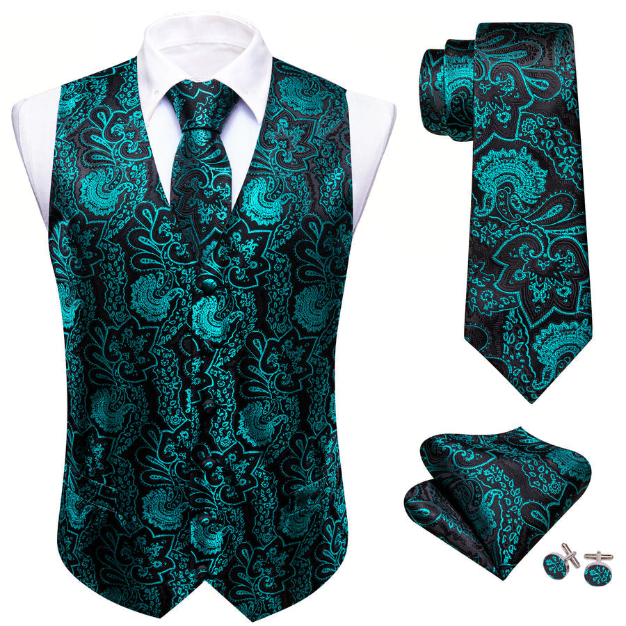 Black Teal Paisley Silk Vest Set vest set - Sophisticated Gentlemen
