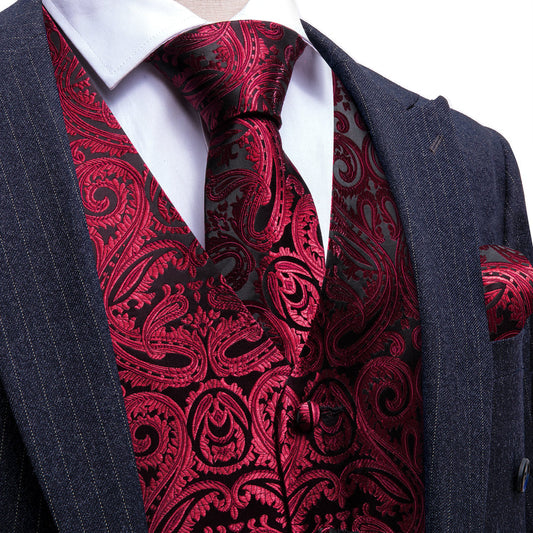 Black Dark Red Paisley Silk Men's Vest Set vest set S (Chest 40")   - Sophisticated Gentlemen