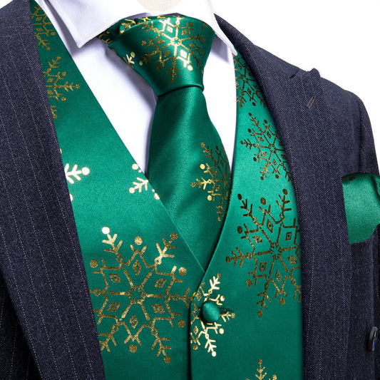 Christmas Dark Green Golden Snowflake Silk Men's Vest Set vest set S (Chest 40")   - Sophisticated Gentlemen