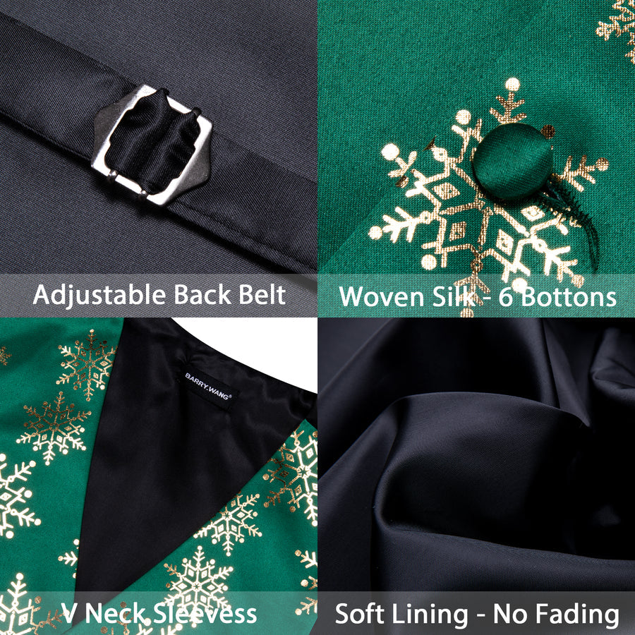 Christmas Dark Green Golden Snowflake Silk Men's Vest Set vest set - Sophisticated Gentlemen