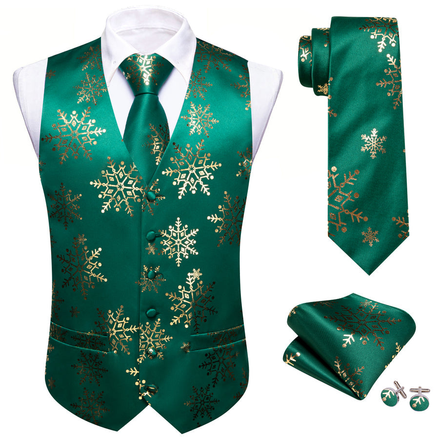 Christmas Dark Green Golden Snowflake Silk Men's Vest Set vest set - Sophisticated Gentlemen