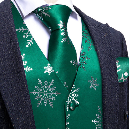 Christmas Dark Green White Snowflake Silk Men's Vest Set vest set S (Chest 40")   - Sophisticated Gentlemen