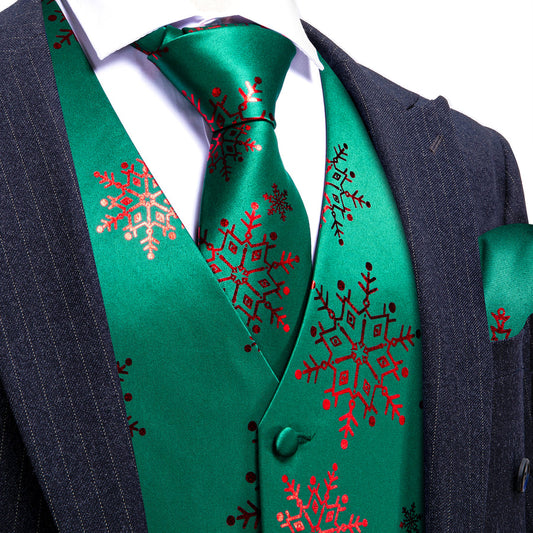 Christmas Dark Green Red Snowflake Silk Men's Vest Set vest set S (Chest 40")   - Sophisticated Gentlemen