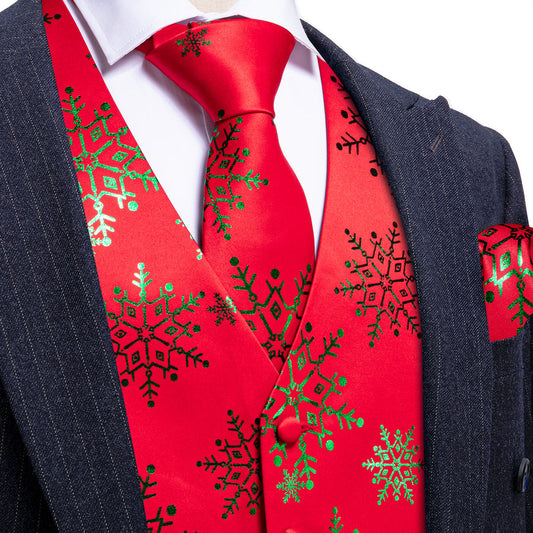 Christmas Red Green Snowflake Silk Men's Vest Set vest set    - Sophisticated Gentlemen