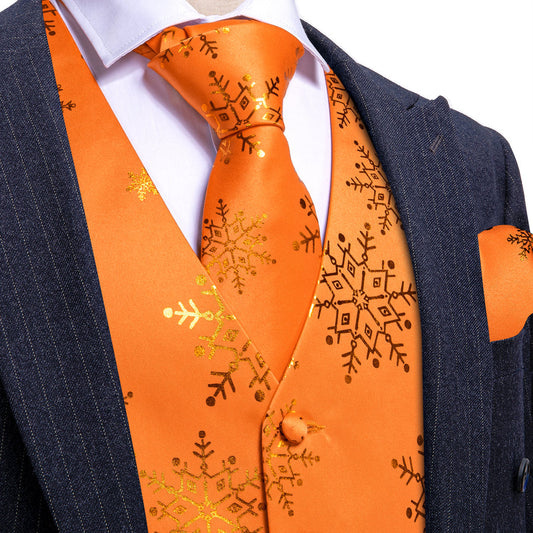 Christmas Orange Gold Snowflake Silk Men's Vest Set vest set S (Chest 40")   - Sophisticated Gentlemen