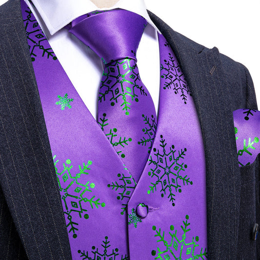 Christmas Purple Green Snowflake Silk Men's Vest Set vest set S (Chest 40")   - Sophisticated Gentlemen