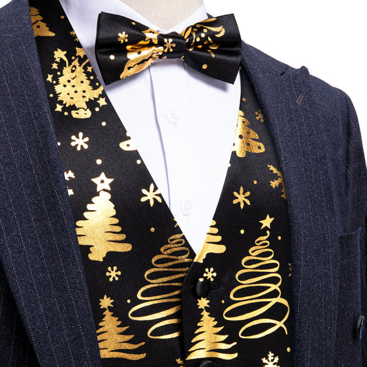 Black Golden Christmas Tree Novelty Silk Men's Bowtie Vest Set vest set S (Chest 40")   - Sophisticated Gentlemen