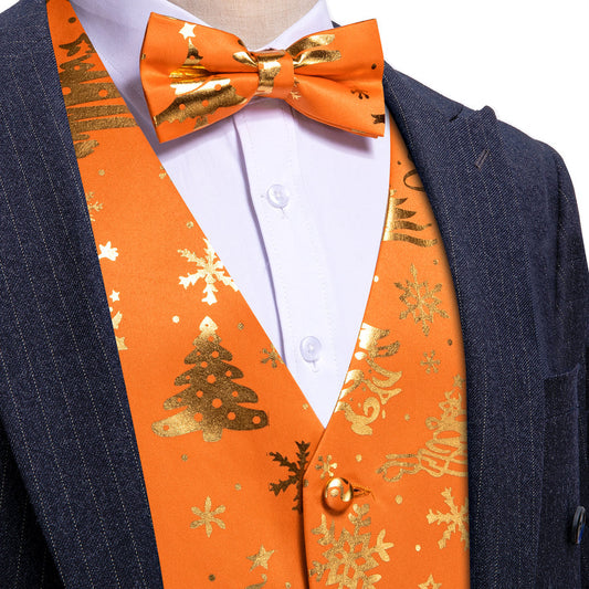 Orange Golden Christmas Tree Novelty Silk Men's Bowtie Vest Set vest set S (Chest 40")   - Sophisticated Gentlemen