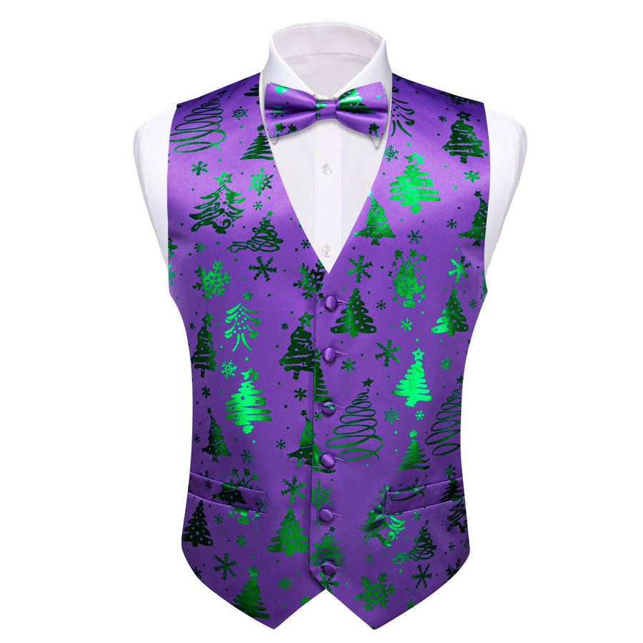 Purple Green Christmas Tree Novelty Silk Bowtie Vest Set vest set - Sophisticated Gentlemen
